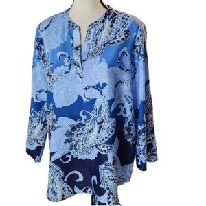 Chico's Blue Swirl Paisley Split V-Neck Tunic Blouse Top Sz 3 XL Long Sleeve